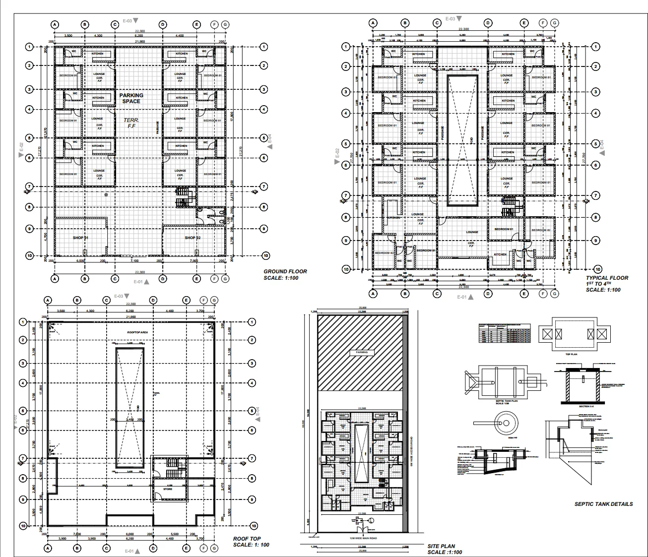 Floor plans — ground, typical, and rooftop
